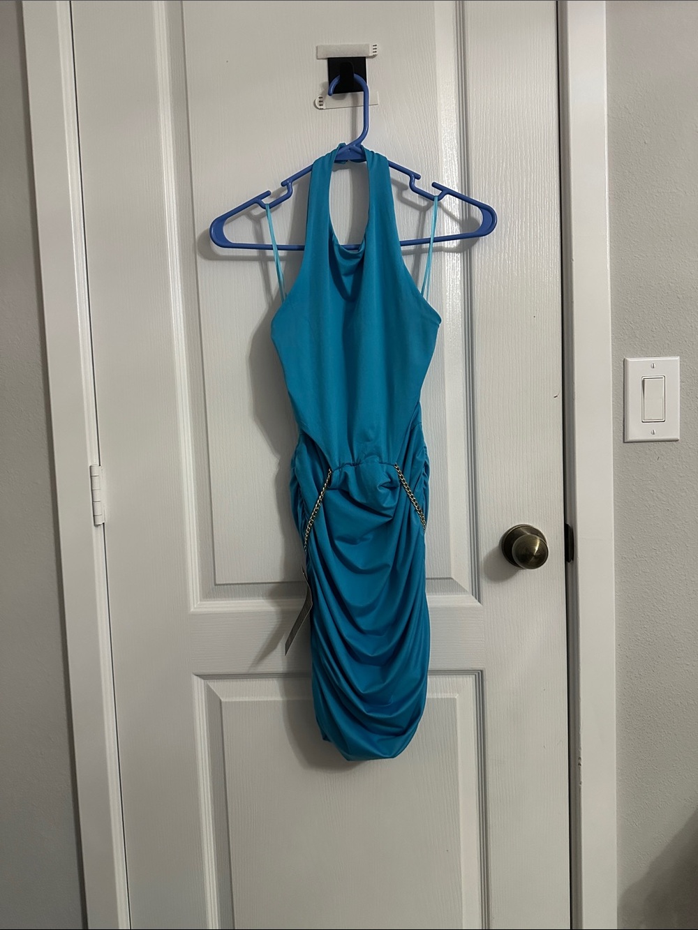 bebe Teal Halter Ruched Chain-Accent Mini Dress